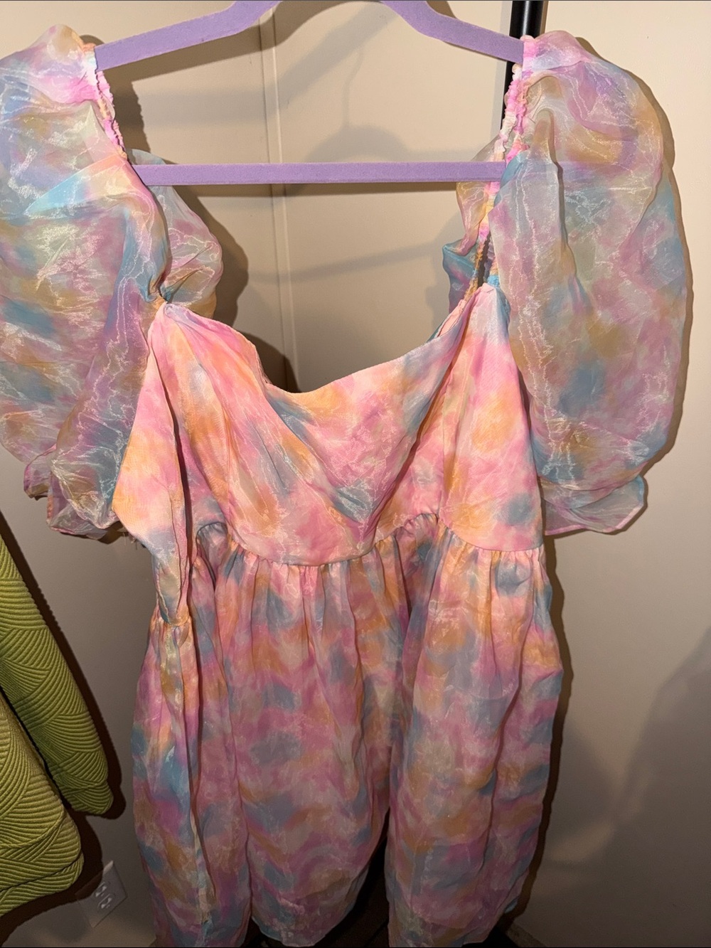 SHEIN Pastel Tie-Dye Puff Sleeve Mini Dress - Pink, Blue, Yellow